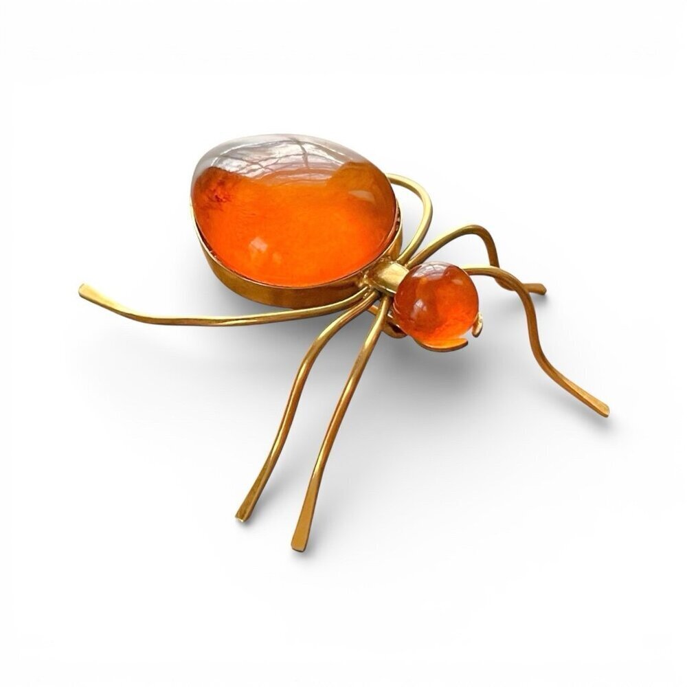 Vintage Baltic Amber Spider Brooch Gold Plated Brass Soviet USSR Insect Pin